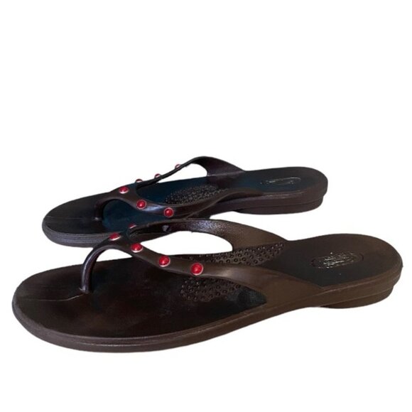 OKAB Eco-Friendly Flip Flops Made in USA Womens Sandals Size 8.5-9.5 Red Dots - Picture 1 of 8
